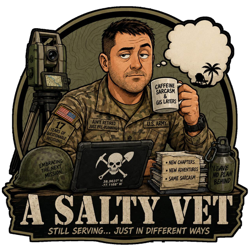 A Salty Vet illustrated logo with GIS equipment, field notes, coffee, and the tagline Still serving, just in different ways.