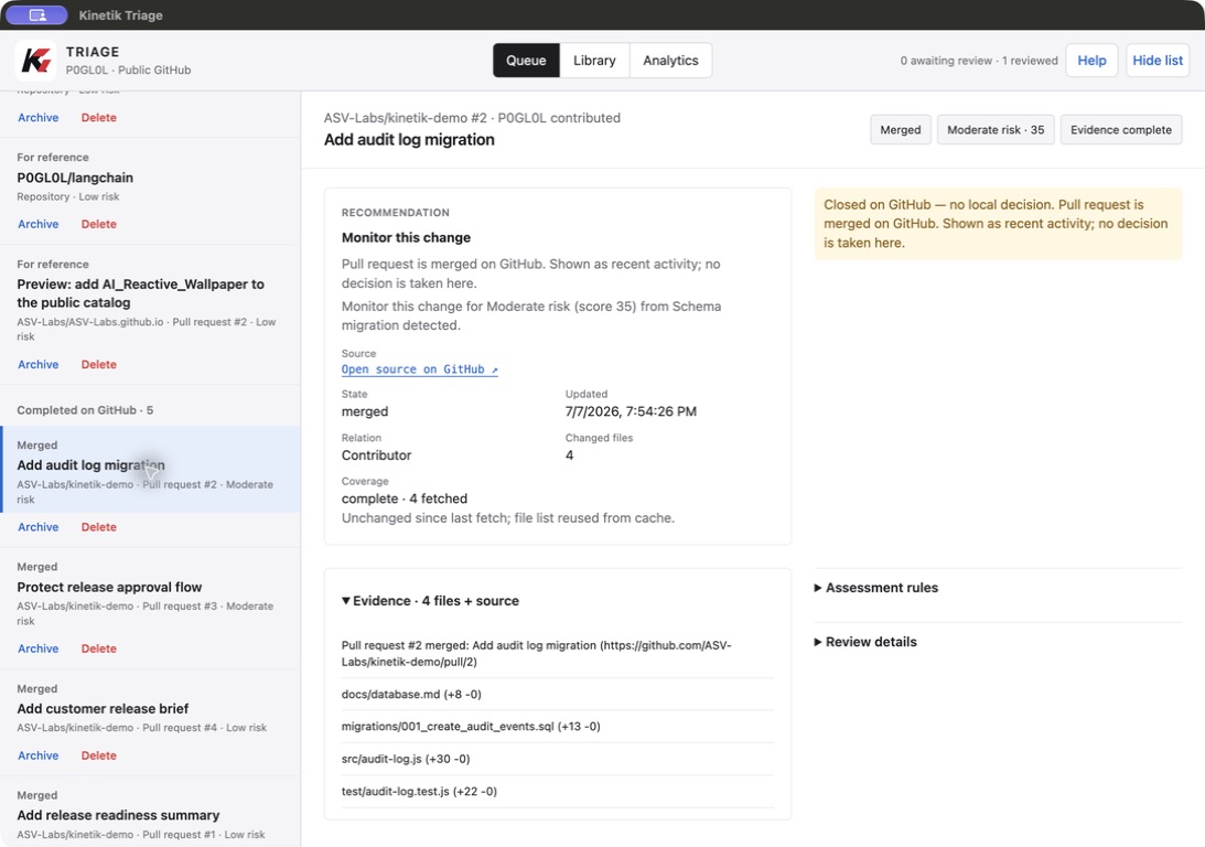 The installed Kinetik Triage Mac app reviewing the public ASV-Labs/kinetik-demo audit-log pull request.