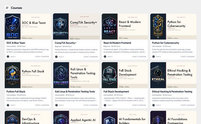The current ASV Labs Learn course catalog, including cybersecurity, React, Python, and full-stack courses.