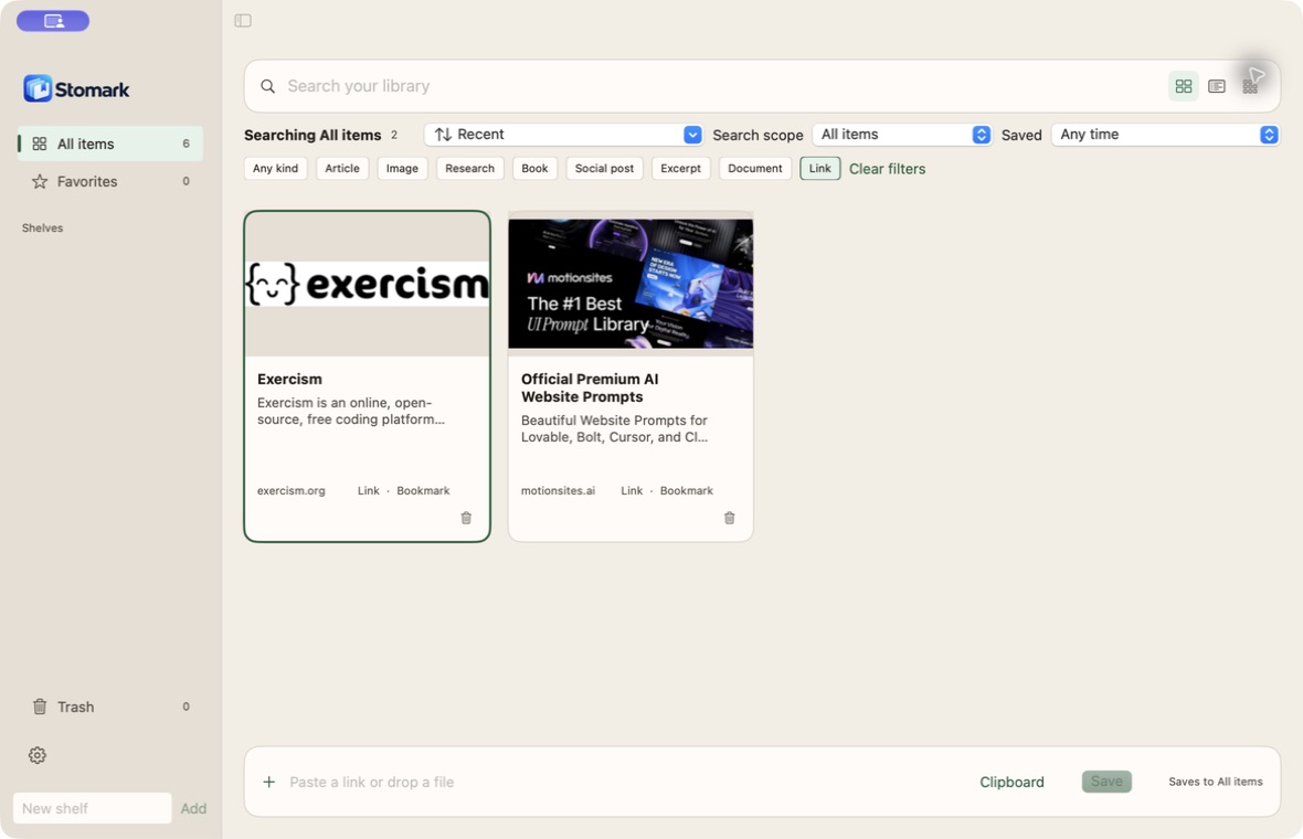 Stowmark on macOS, showing public Exercism and MotionSites bookmarks.