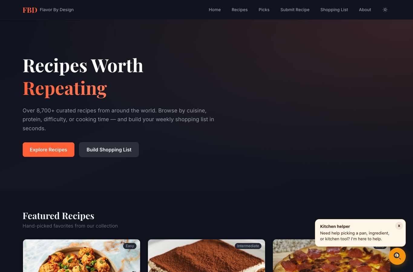 Flavor by Design public homepage showing the recipe and kitchen brand surface.