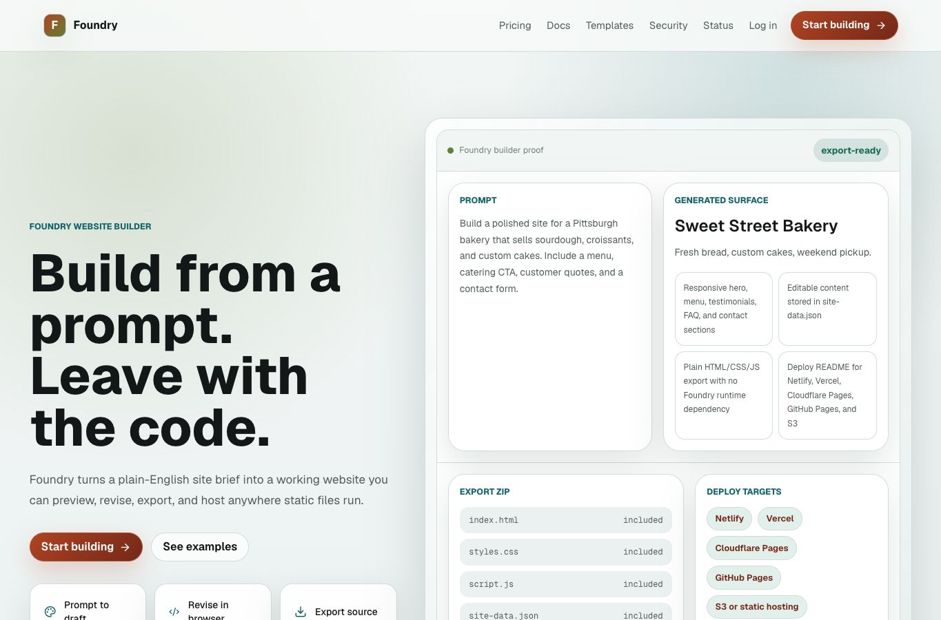 Foundry Kit public homepage showing the website builder product surface.