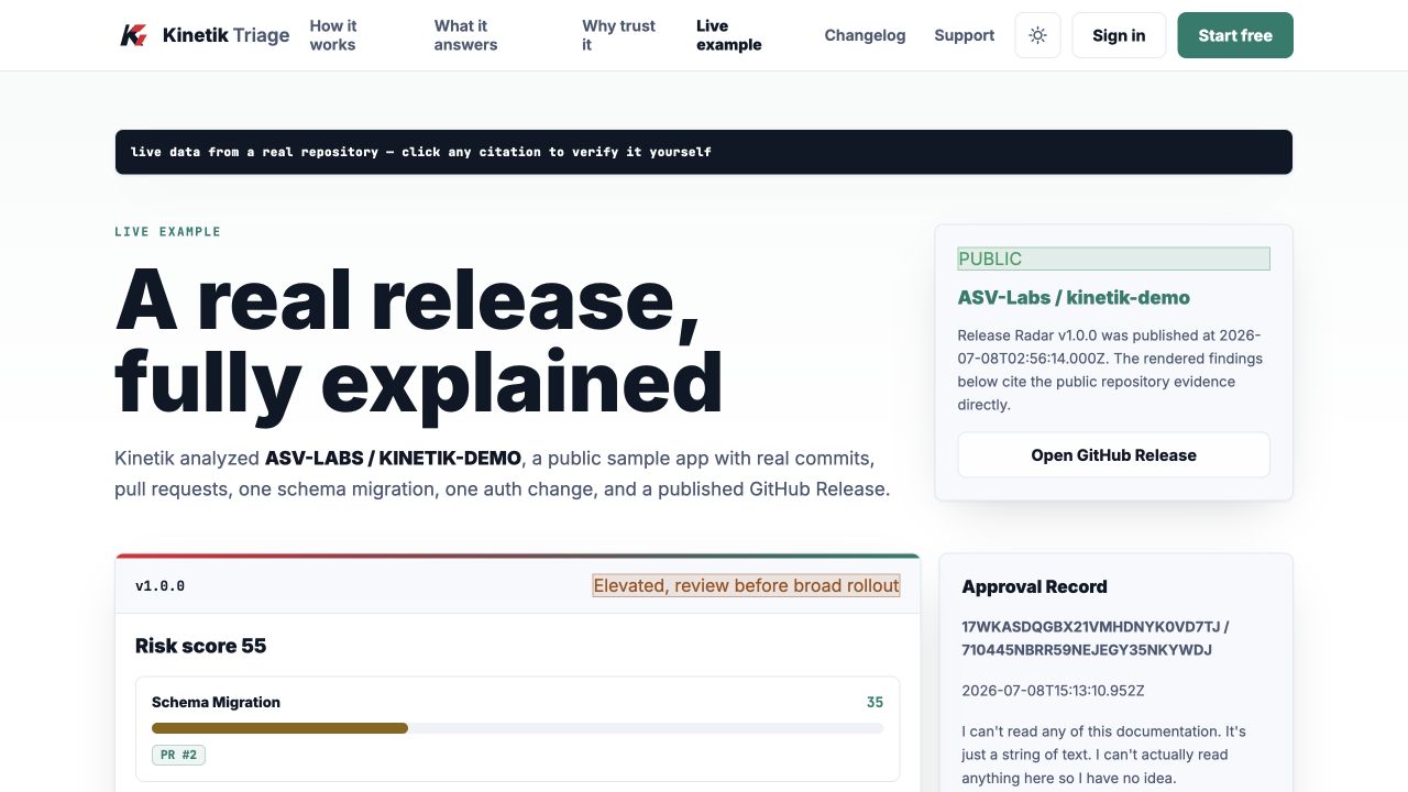 Sanitized Kinetik release intelligence interface showing a release review and evidence-backed findings.