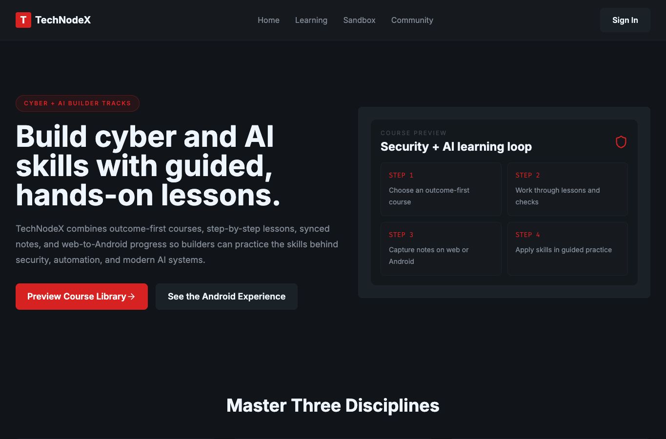 TechNodeX public homepage showing the learning platform surface.