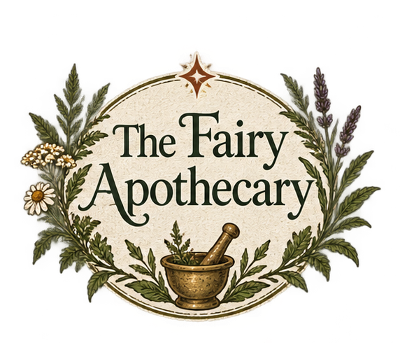 The Fairy Apothecary circular herb and mortar emblem