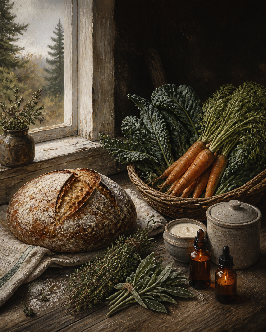Painterly still-life illustration of homemade bread, garden vegetables, herbs, amber tincture bottles, and lotion jars on a rustic table