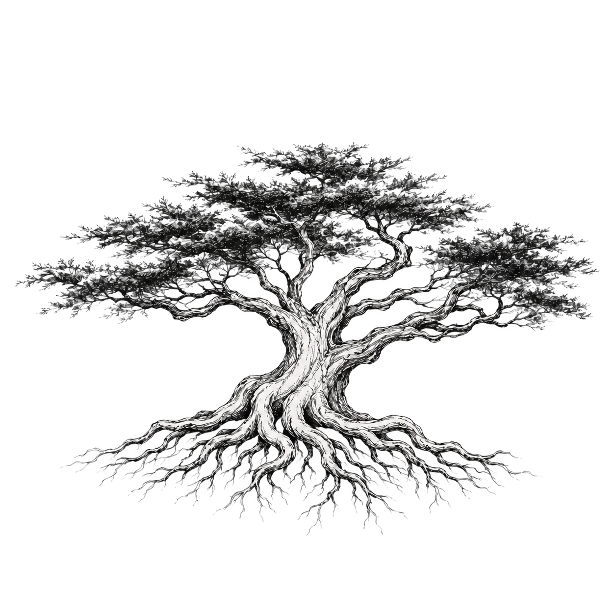 Black ink illustration of a broad old tree with deep, spreading roots